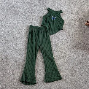Green Ribbed Two-Piece Set with Butterfly Detail